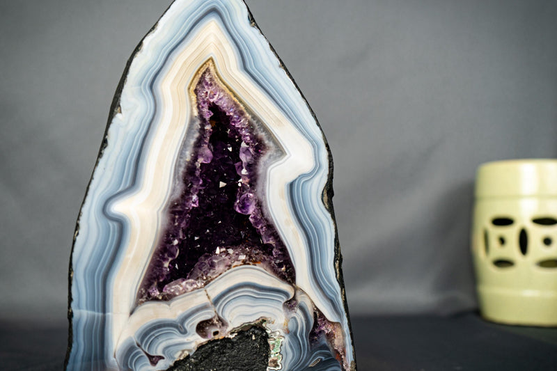 White & Blue Lace Agate Geode with Purple Amethyst Druzy - E2D Crystals & Minerals