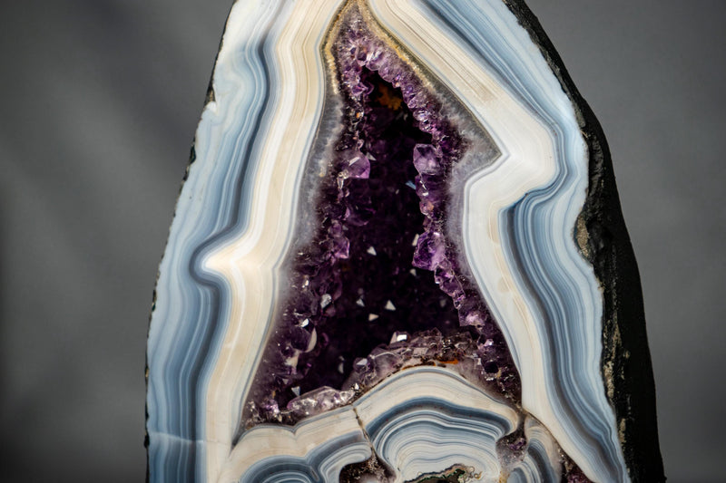 White & Blue Lace Agate Geode with Purple Amethyst Druzy - E2D Crystals & Minerals