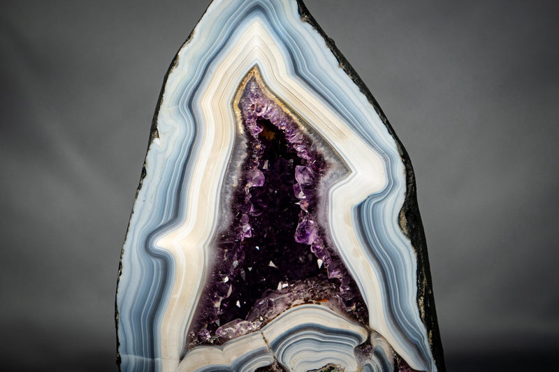 White & Blue Lace Agate Geode with Purple Amethyst Druzy - E2D Crystals & Minerals