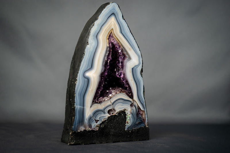 White & Blue Lace Agate Geode with Purple Amethyst Druzy - E2D Crystals & Minerals