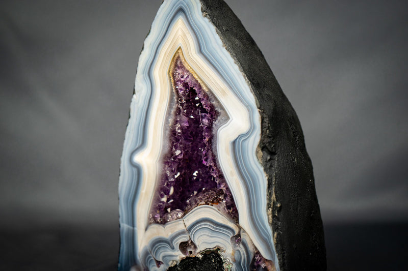 White & Blue Lace Agate Geode with Purple Amethyst Druzy - E2D Crystals & Minerals