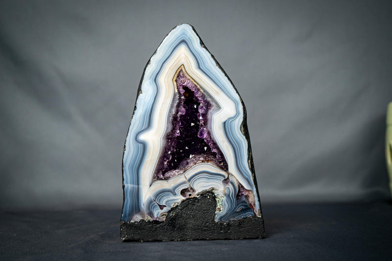 White & Blue Lace Agate Geode with Purple Amethyst Druzy - E2D Crystals & Minerals
