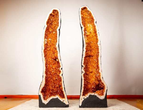 Pair of 3.7 Ft Large Citrine Geode Cathedrals with Sparkly Golden - Orange Druzy & Calcite Inclusions (240 lbs Total), Slim and Tall Format - E2D Crystals & Minerals