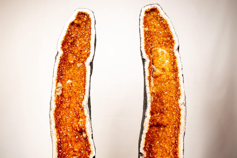 Pair of 3.7 Ft Large Citrine Geode Cathedrals with Sparkly Golden - Orange Druzy & Calcite Inclusions (240 lbs Total), Slim and Tall Format - E2D Crystals & Minerals