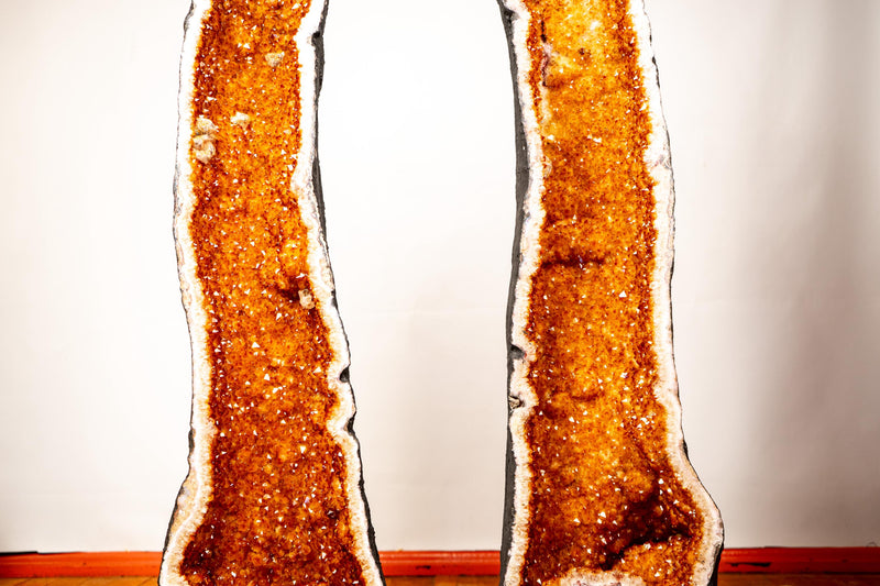 Pair of 3.7 Ft Large Citrine Geode Cathedrals with Sparkly Golden - Orange Druzy & Calcite Inclusions (240 lbs Total), Slim and Tall Format - E2D Crystals & Minerals