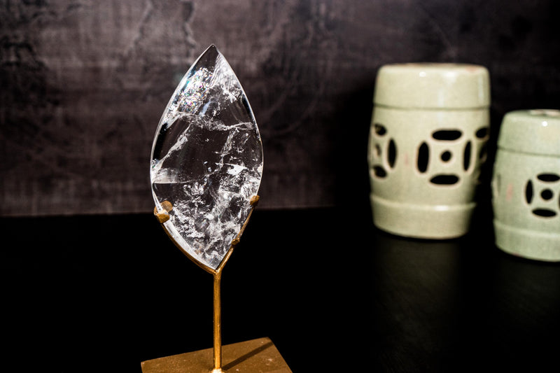 Natural Near - Flawless Clear Quartz Flame Sculpture on Stand – Small Crystal Generator for Healing, Home Décor, or Gift - E2D Crystals & Minerals