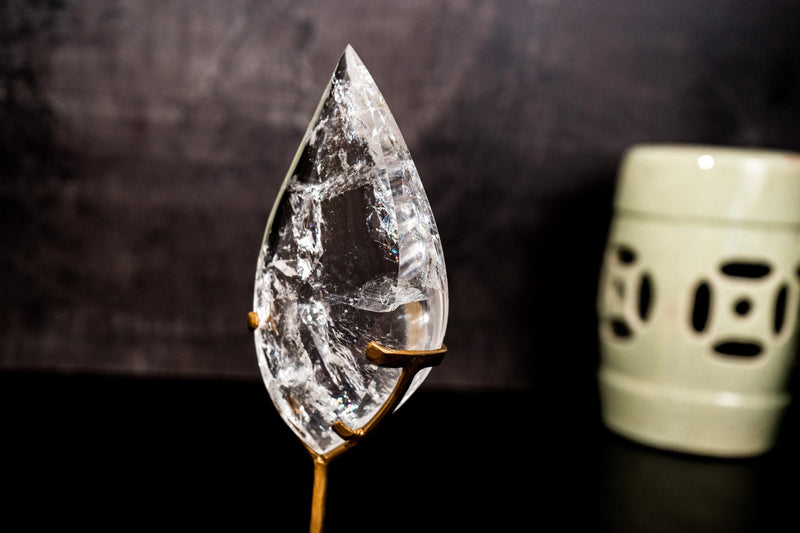 Natural Near - Flawless Clear Quartz Flame Sculpture on Stand – Small Crystal Generator for Healing, Home Décor, or Gift - E2D Crystals & Minerals