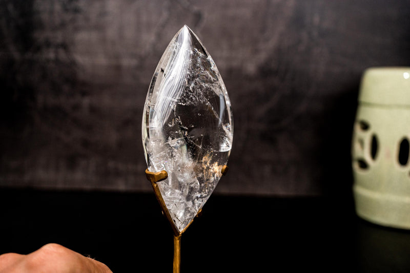 Natural Near - Flawless Clear Quartz Flame Sculpture on Stand – Small Crystal Generator for Healing, Home Décor, or Gift - E2D Crystals & Minerals
