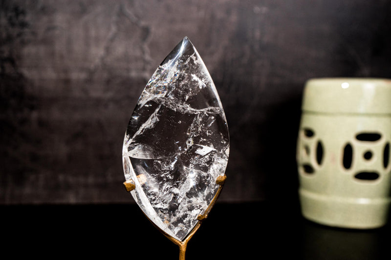 Natural Near - Flawless Clear Quartz Flame Sculpture on Stand – Small Crystal Generator for Healing, Home Décor, or Gift - E2D Crystals & Minerals