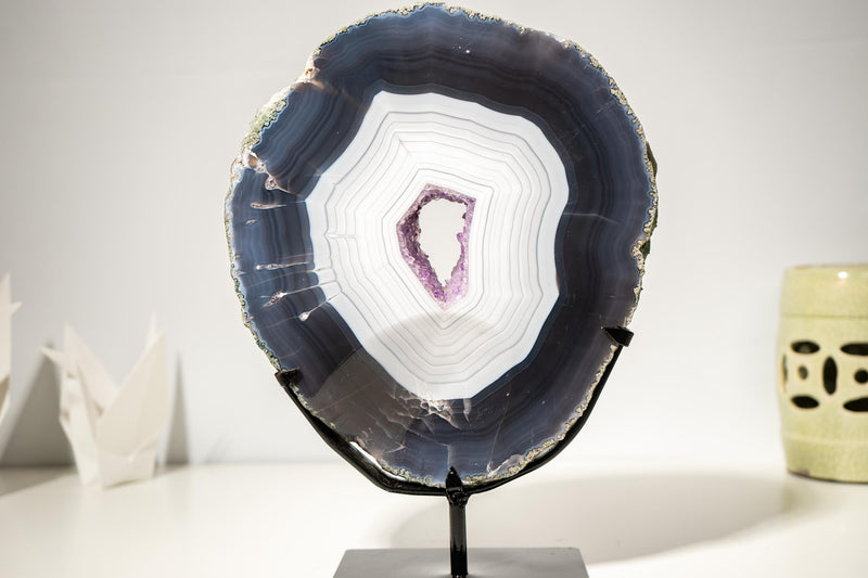 Gorgeous Dark Blue & White Lace Agate Geode – Striped Laces and Purple Druzy Interior, Intact Gallery - Grade Specimen - 5.5 Kg - 12.0 lb - E2D Crystals & Minerals