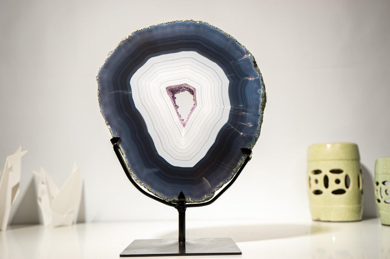 Gorgeous Dark Blue & White Lace Agate Geode – Striped Laces and Purple Druzy Interior, Intact Gallery - Grade Specimen - 5.5 Kg - 12.0 lb - E2D Crystals & Minerals