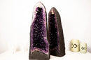 Pair of Large AAA - Grade Dark Purple Amethyst Geodes with Sparkling Druzy and Unique Calcite Crystal – Symmetrical Statement Décor, 25" Tall - E2D Crystals & Minerals