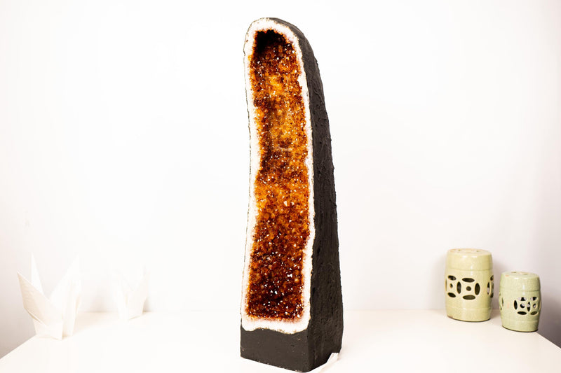 Large Madeira Citrine Geode Cathedral with Sparkly Deep Orange Druzy – Statement Display Specimen 28 in Tall, 49 lb - E2D Crystals & Minerals