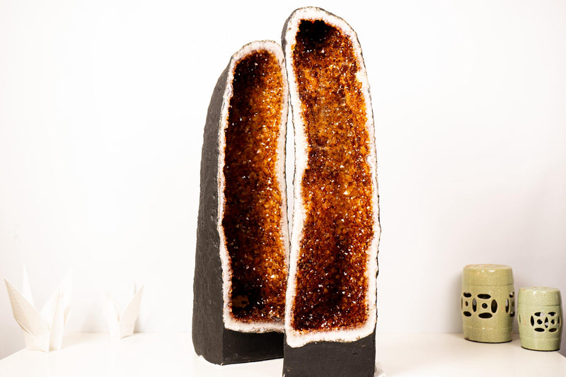 Pair of Large Madeira Citrine Geodes in Cathedral Format with Sparkly Deep Orange Druzy – Statement Display Specimens 29 in Tall, 103 lb - E2D Crystals & Minerals