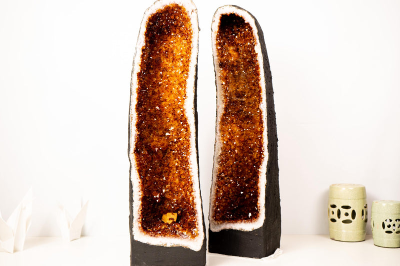 Pair of Large Madeira Citrine Geodes in Cathedral Format with Sparkly Deep Orange Druzy – Statement Display Specimens 29 in Tall, 103 lb - E2D Crystals & Minerals