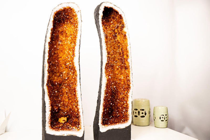 Pair of Large Madeira Citrine Geodes in Cathedral Format with Sparkly Deep Orange Druzy – Statement Display Specimens 29 in Tall, 103 lb - E2D Crystals & Minerals