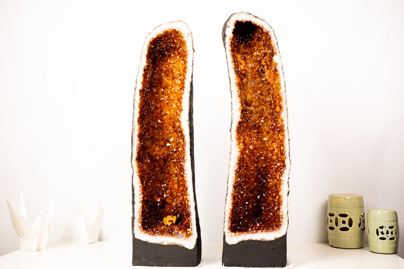 Pair of Large Madeira Citrine Geodes in Cathedral Format with Sparkly Deep Orange Druzy – Statement Display Specimens 29 in Tall, 103 lb - E2D Crystals & Minerals