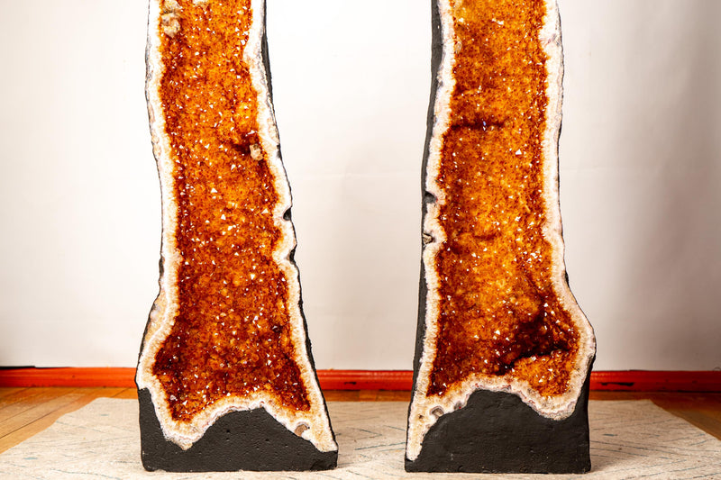 Pair of 3.7 Ft Large Citrine Geode Cathedrals with Sparkly Golden - Orange Druzy & Calcite Inclusions (240 lbs Total), Slim and Tall Format - E2D Crystals & Minerals