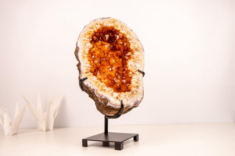 Small Natural Citrine Geode Cave on Stand with Large Orange Points - E2D Crystals & Minerals