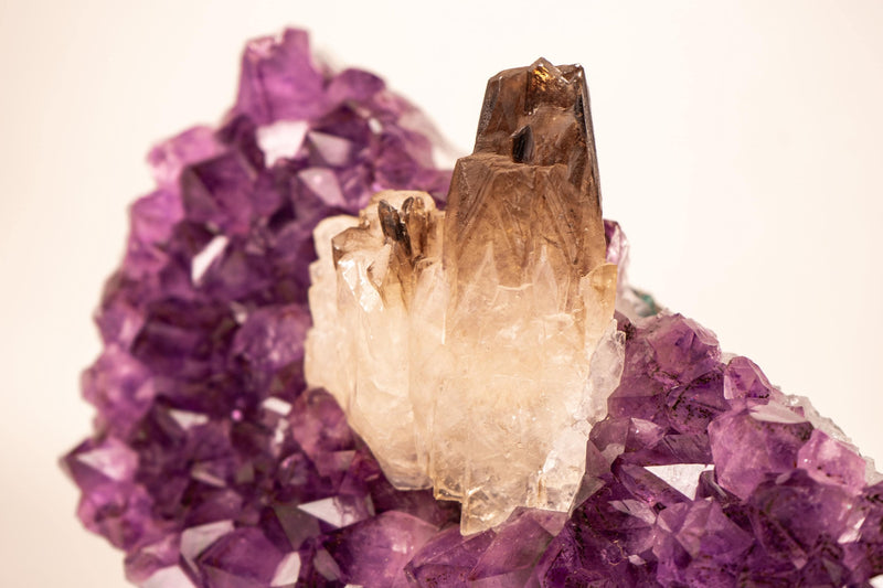 Smoky Crystal Calcite on Deep Purple Amethyst Cluster - E2D Crystals & Minerals