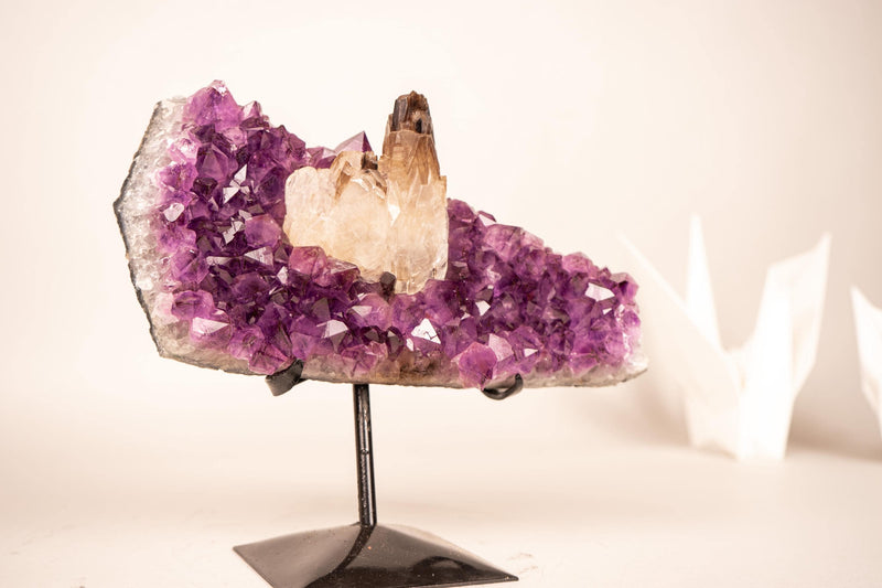 Smoky Crystal Calcite on Deep Purple Amethyst Cluster - E2D Crystals & Minerals