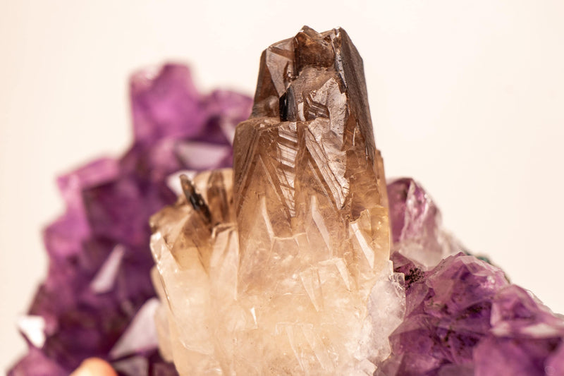 Smoky Crystal Calcite on Deep Purple Amethyst Cluster - E2D Crystals & Minerals