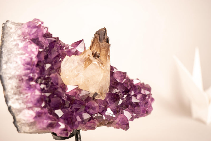 Smoky Crystal Calcite on Deep Purple Amethyst Cluster - E2D Crystals & Minerals