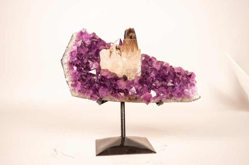 Smoky Crystal Calcite on Deep Purple Amethyst Cluster - E2D Crystals & Minerals