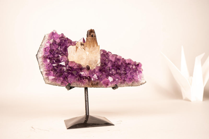 Smoky Crystal Calcite on Deep Purple Amethyst Cluster - E2D Crystals & Minerals
