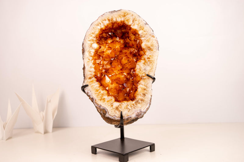 Small Natural Citrine Geode Cave on Stand with Large Orange Points - E2D Crystals & Minerals
