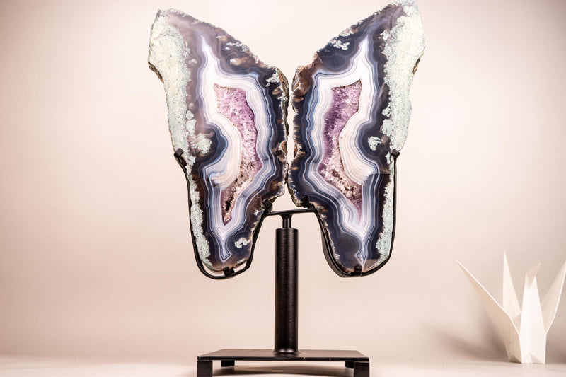 Natural Moss, Blue & White Banded Agate Butterfly Wings - Collector's Crystal - E2D Crystals & Minerals