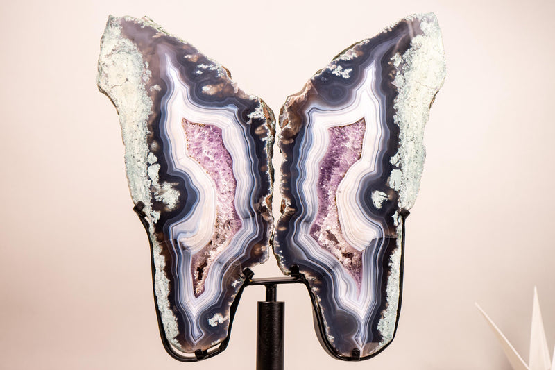 Natural Moss, Blue & White Banded Agate Butterfly Wings - Collector's Crystal - E2D Crystals & Minerals