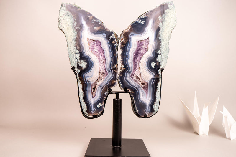 Natural Moss, Blue & White Banded Agate Butterfly Wings - Collector's Crystal - E2D Crystals & Minerals