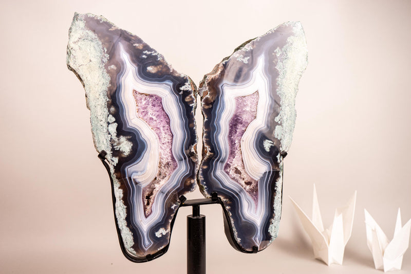 Natural Moss, Blue & White Banded Agate Butterfly Wings - Collector's Crystal - E2D Crystals & Minerals