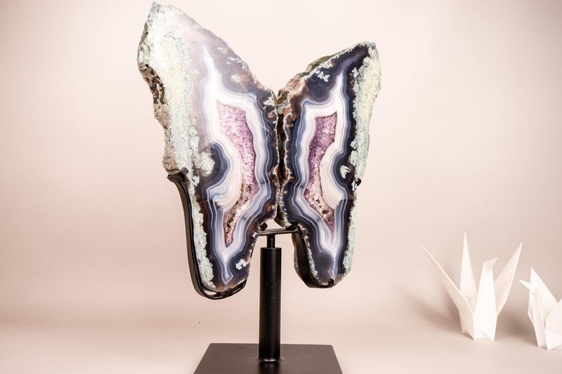 Natural Moss, Blue & White Banded Agate Butterfly Wings - Collector's Crystal - E2D Crystals & Minerals