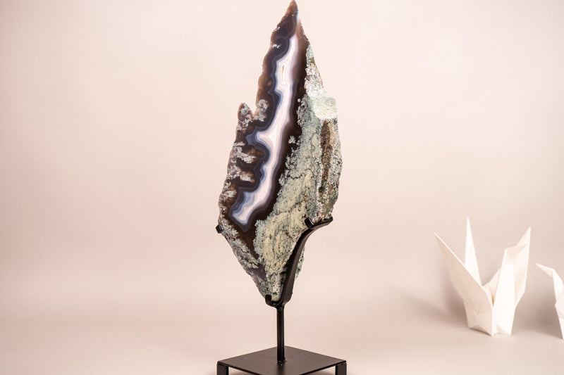 Moss, Blue & White Banded Agate Geode Slice with a Crocodile Drawing - E2D Crystals & Minerals