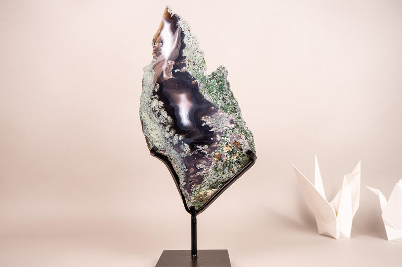 Moss, Blue & White Banded Agate Geode Slice with a Crocodile Drawing - E2D Crystals & Minerals