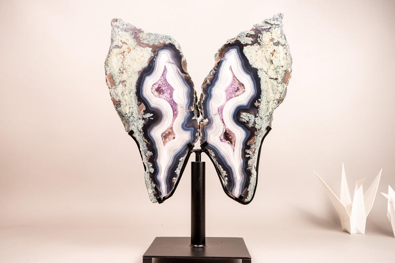 Rare Moss, Blue & White Banded Agate Geode Butterfly Wings - E2D Crystals & Minerals