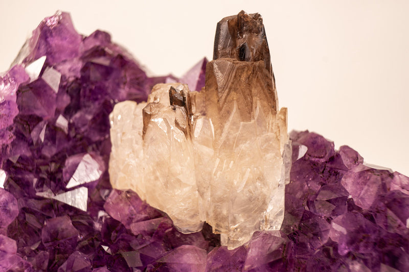 Smoky Crystal Calcite on Deep Purple Amethyst Cluster - E2D Crystals & Minerals