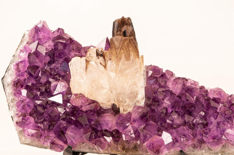 Smoky Crystal Calcite on Deep Purple Amethyst Cluster - E2D Crystals & Minerals