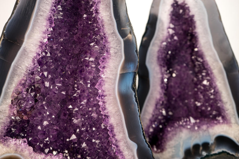 Rare Bookmatching Pair of Blue & White Lace Agate Geodes with Sparkling Violet Amethyst Druzy - Super - Extra Grade - 79 lb - E2D Crystals & Minerals