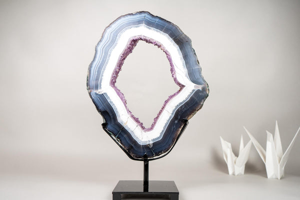 Spectacular Blue & White Lace Agate Geode Portal Slice with Rose Amethyst Druzy on Stand - 19 In Tall, 16 Lb - E2D Crystals & Minerals