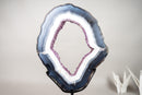 Spectacular Blue & White Lace Agate Geode Portal Slice with Rose Amethyst Druzy on Stand - 19 In Tall, 16 Lb - E2D Crystals & Minerals