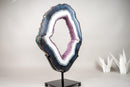 Spectacular Blue & White Lace Agate Geode Portal Slice with Rose Amethyst Druzy on Stand - 19 In Tall, 16 Lb - E2D Crystals & Minerals