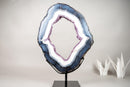 Blue & White Lace Agate Geode Slice with Lavender Amethyst Druzy on Stand – Spectacular Dual - Sided Portal Specimen - 19.5 In Tall, 16 Lb - E2D Crystals & Minerals