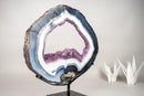 Rare Blue & White Lace Agate Geode Slice with Lavender Amethyst Druzy on Stand – Spectacular Dual - Sided Portal Specimen - 19 Lb - E2D Crystals & Minerals