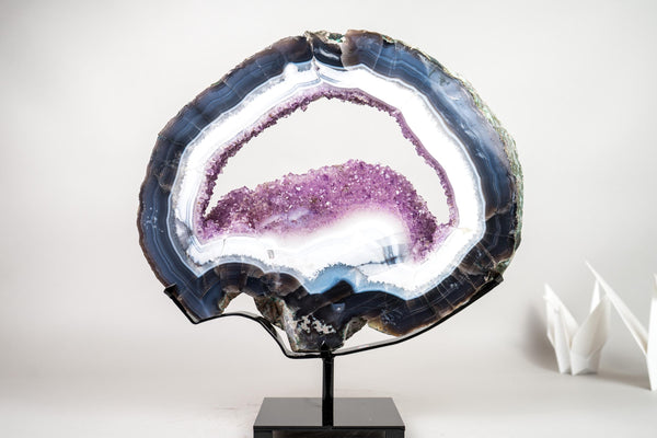Blue & White Lace Agate Geode Slice with Purple Amethyst Druzy on Stand - E2D Crystals & Minerals