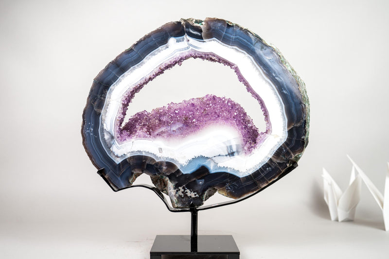 Blue & White Lace Agate Geode Slice with Purple Amethyst Druzy on Stand - E2D Crystals & Minerals
