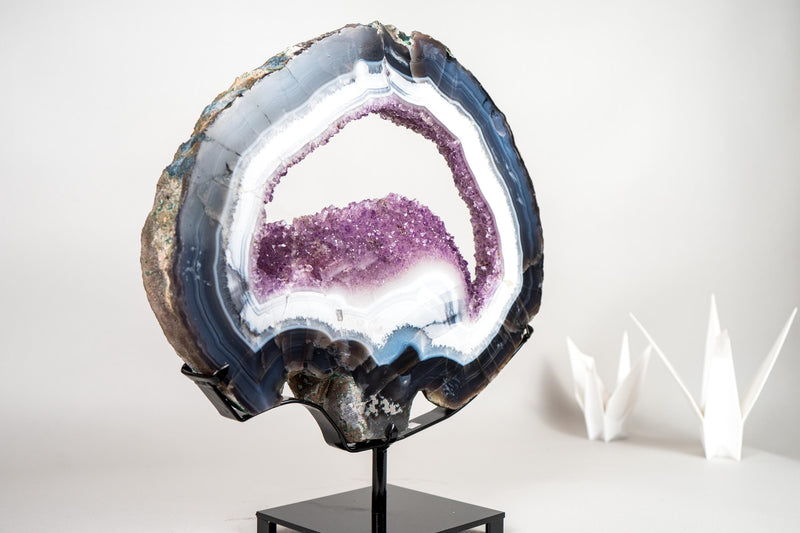 Blue & White Lace Agate Geode Slice with Purple Amethyst Druzy on Stand - E2D Crystals & Minerals