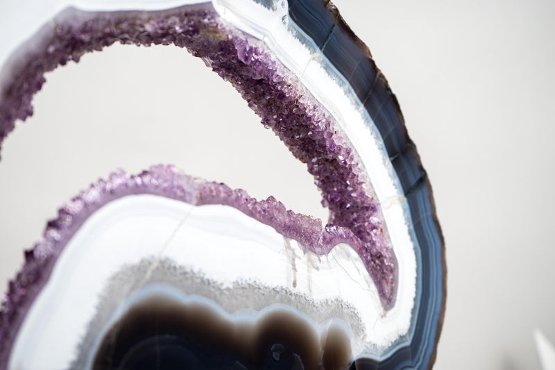 Blue & White Lace Agate Geode Slice with Purple Amethyst Druzy on Stand - E2D Crystals & Minerals